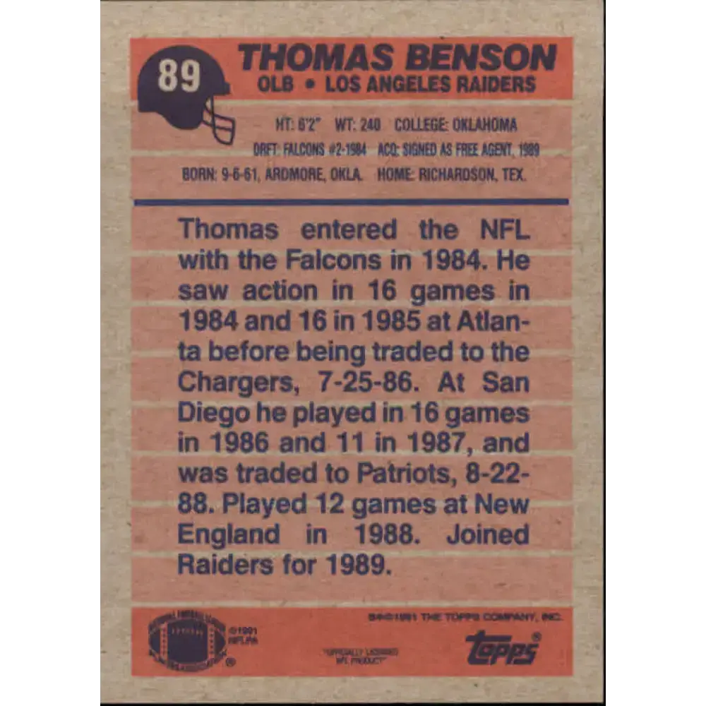 1991 Topps #89 Thomas Benson NM-MT Los Angeles Raiders Football Card - Football Card Single