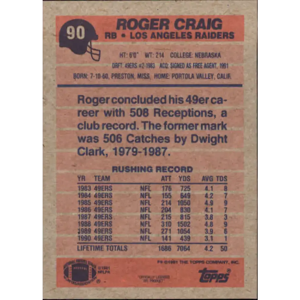 1991 Topps #90 Roger Craig NM-MT Los Angeles Raiders Football Card - Football Card Single