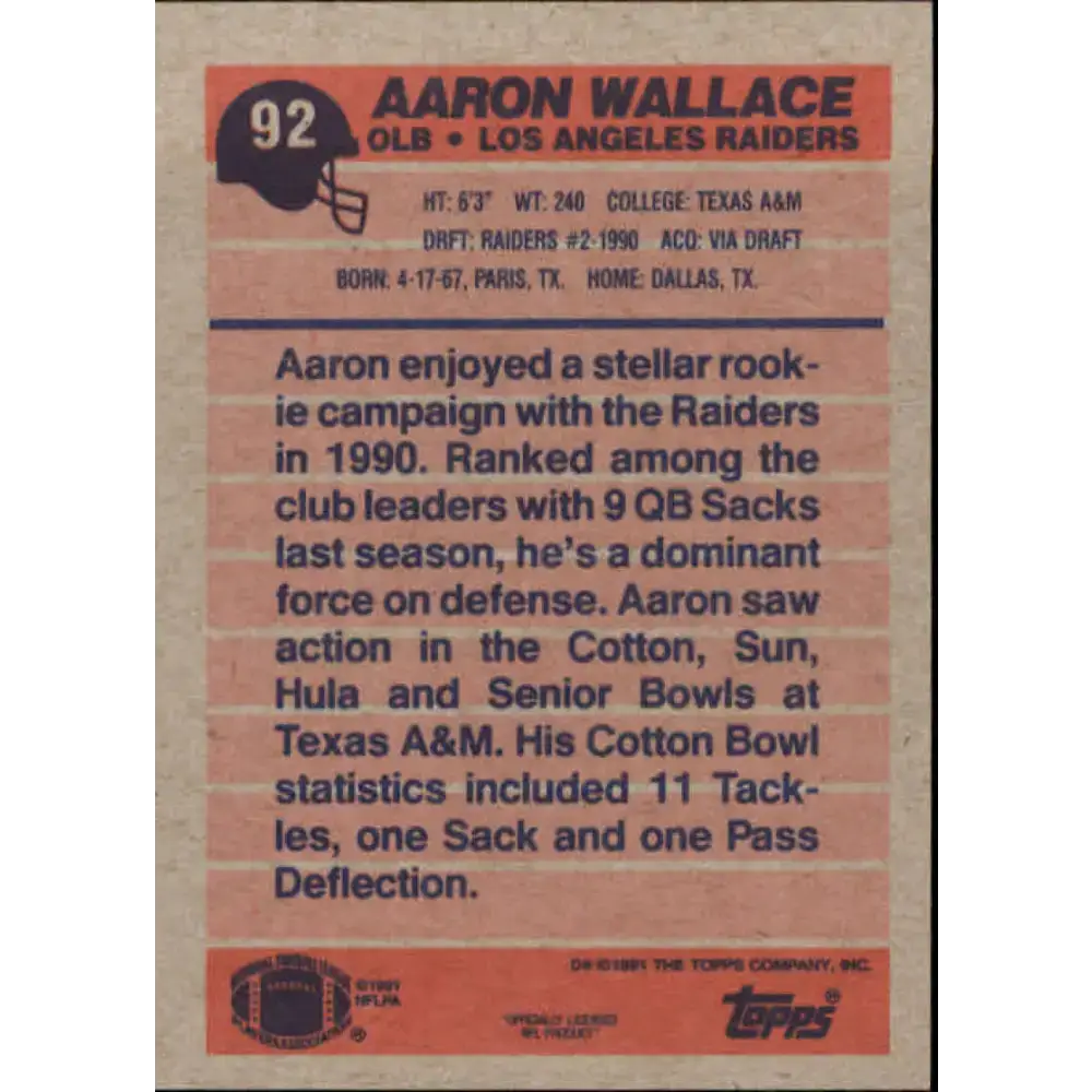 1991 Topps #92 Aaron Wallace NM-MT Los Angeles Raiders Football Card - Football Card Single