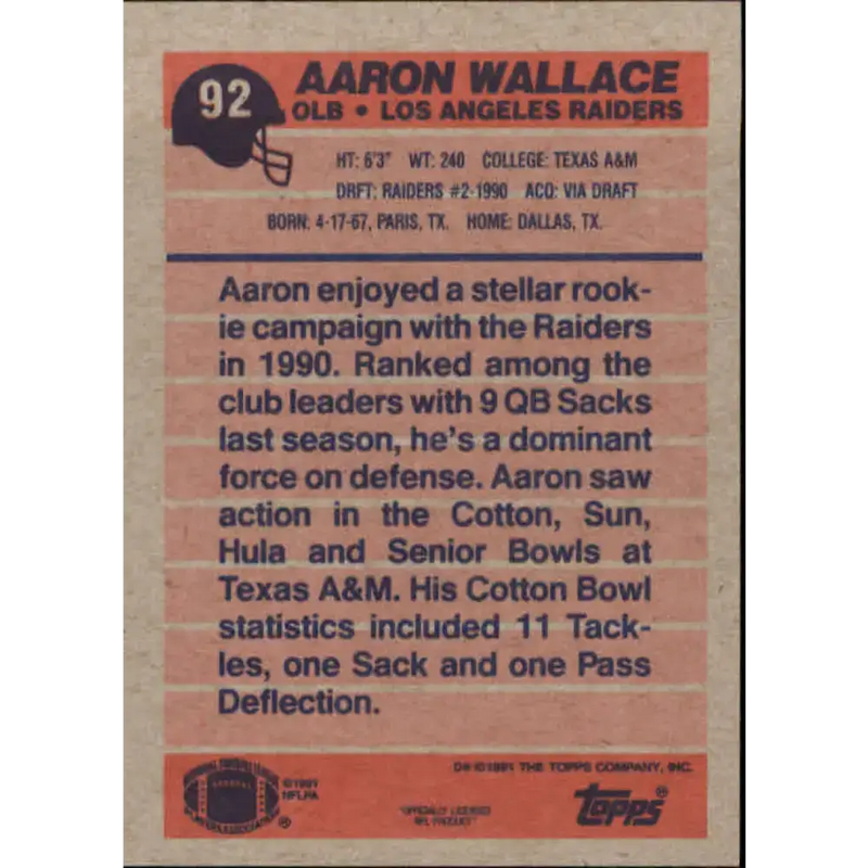 1991 Topps #92 Aaron Wallace NM-MT Los Angeles Raiders Football Card - Football Card Single