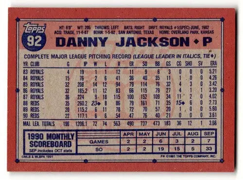 Danny Jackson Cincinnati Reds baseball card from 1991 Topps series