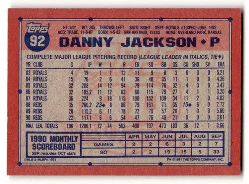 Back of 1991 Topps Danny Jackson Cincinnati Reds baseball card featuring player stats