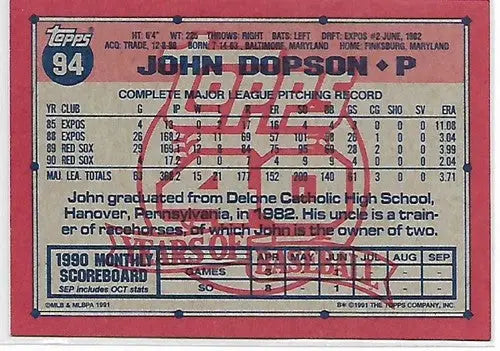 1991 Topps #94 John Dopson NM-MT Red Sox - Baseball Card Single