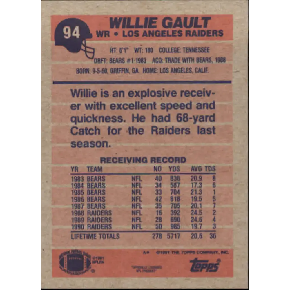 1991 Topps #94 Willie Gault NM-MT Los Angeles Raiders Football Card - Football Card Single