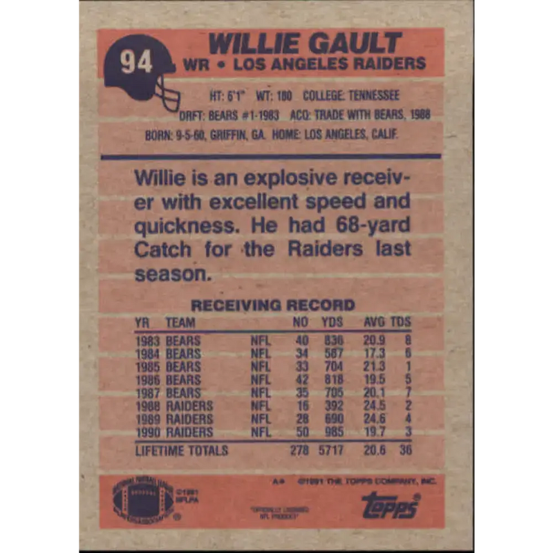 1991 Topps #94 Willie Gault NM-MT Los Angeles Raiders Football Card - Football Card Single