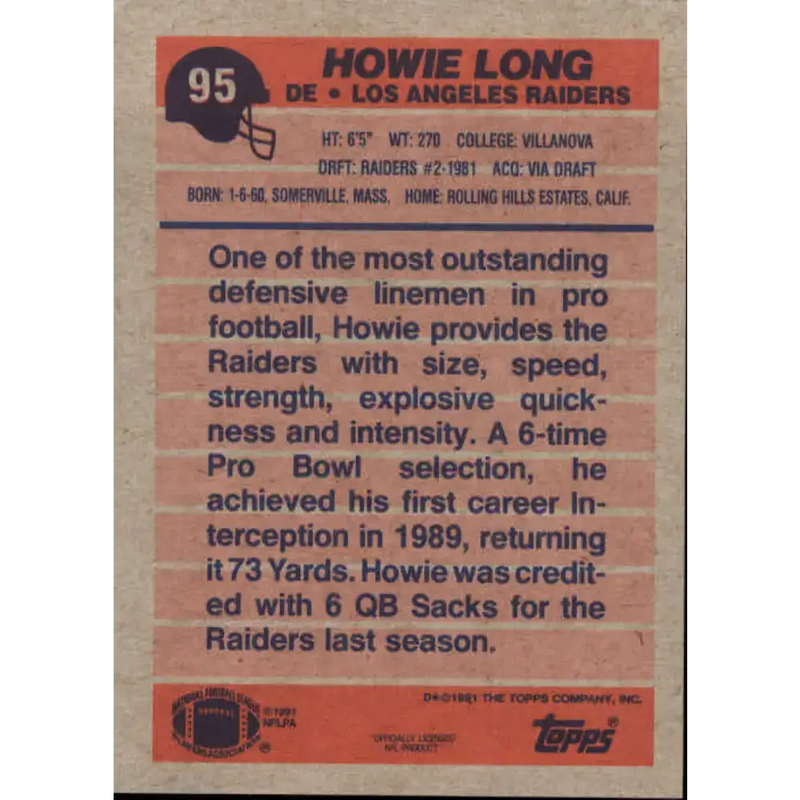1991 Topps #95 Howie Long NM-MT Los Angeles Raiders Football Card - Football Card Single