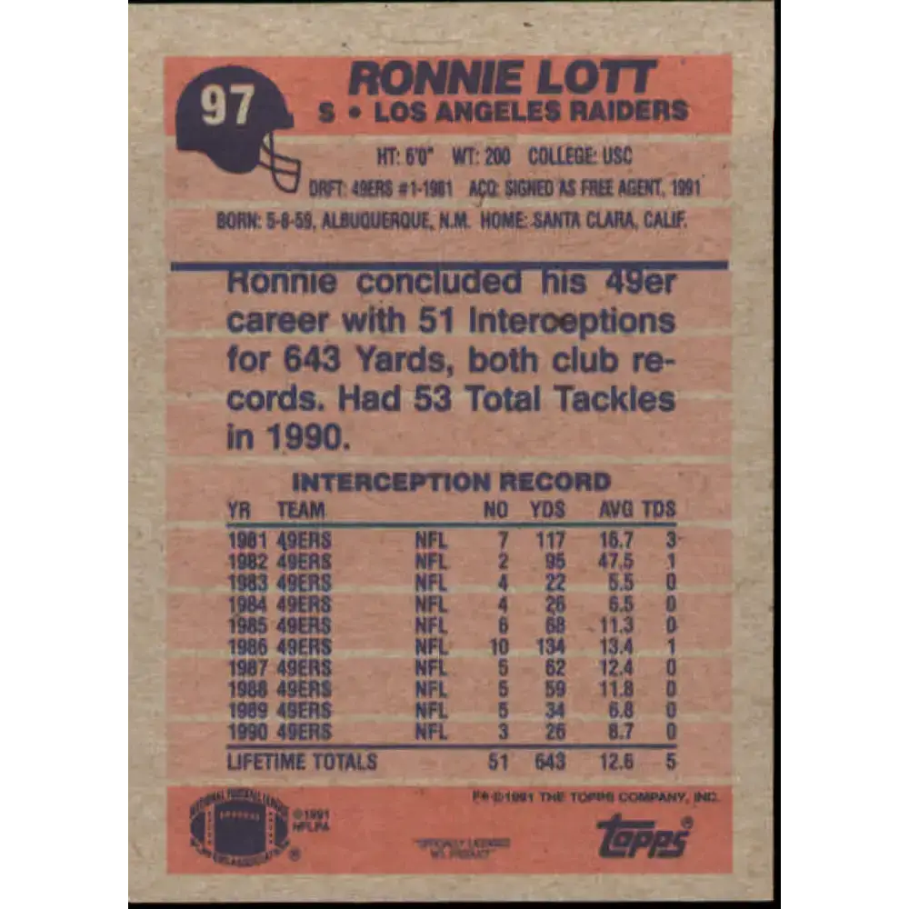 1991 Topps #97 Ronnie Lott NM-MT Los Angeles Raiders Football Card - Football Card Single