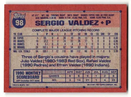 Sergio Valdez Cleveland baseball card back with original gloss from 1991 Topps card