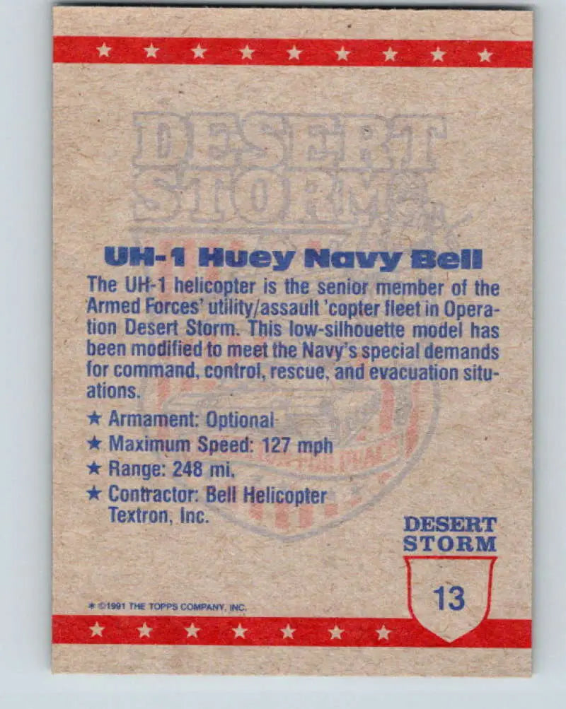 1991 Topps Desert Storm #13A UH-1 Huey Navy Bell Stock Image Ãâ Regular Error or Misprint May Ship NonSport Trading C