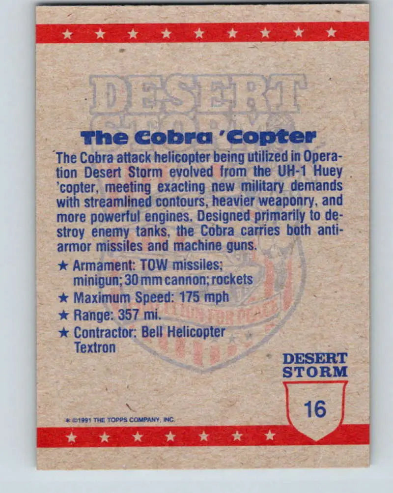 1991 Topps Desert Storm #16A Cobra ’Copter Stock Image Ãâ Regular Error or Misprint May Ship NonSport Trading Card