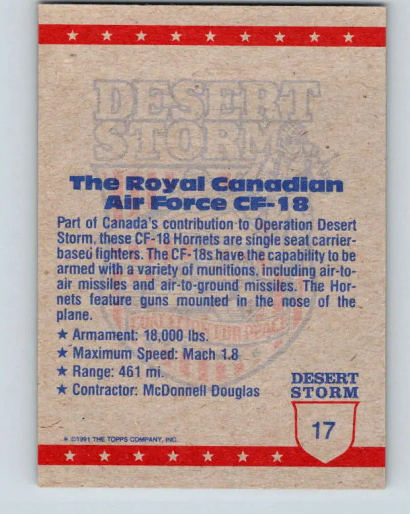 1991 Topps Desert Storm #17A Canadian Air Force CF-18 Stock Image Ãâ Regular Error or Misprint May Ship NonSport Trad