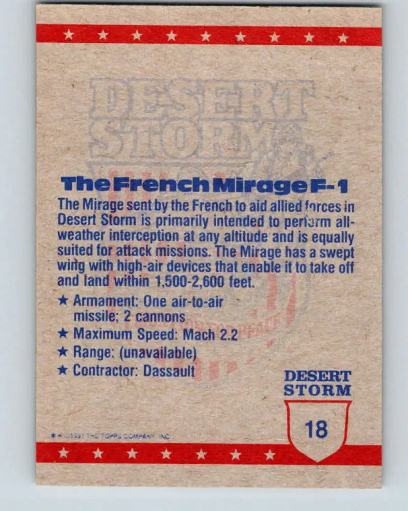 1991 Topps Desert Storm #18A French Mirage Fighter Stock Image Ãâ Regular Error or Misprint May Ship NonSport Trading