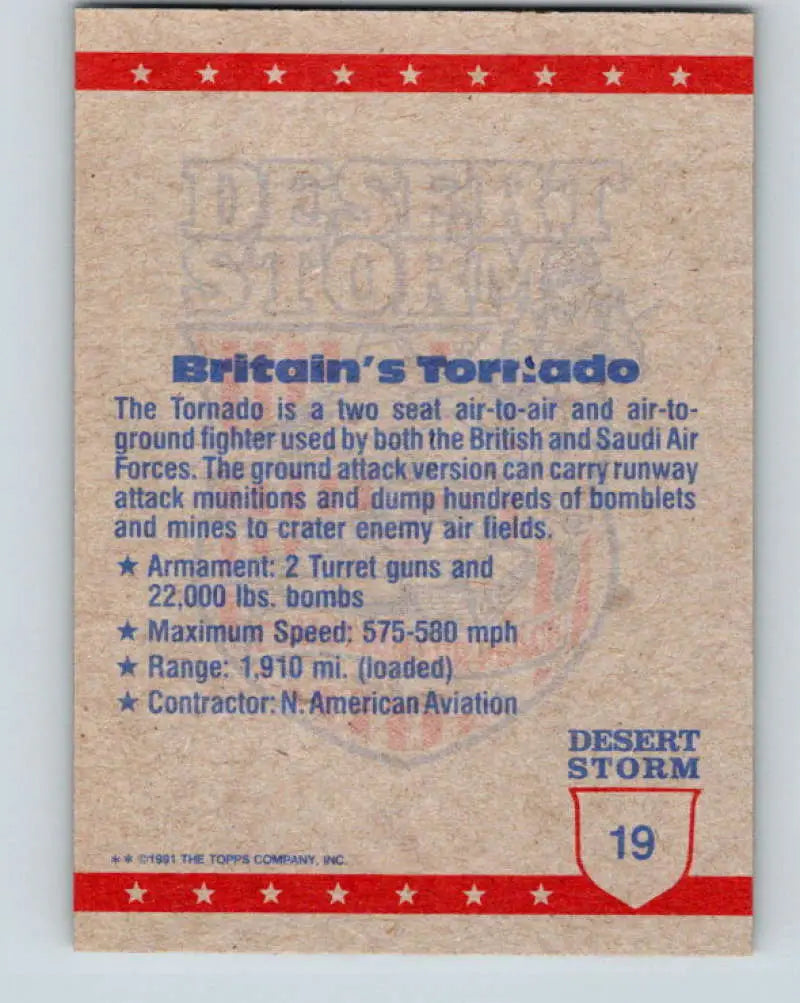 1991 Topps Desert Storm #19A Britain’s Tornado Stock Image Ãâ Regular Error or Misprint May Ship NonSport Trading Car