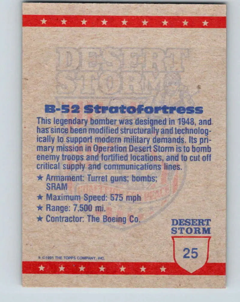 1991 Topps Desert Storm #25A B-52 Stratofortress Stock Image Ãâ Regular Error or Misprint May Ship NonSport Trading C