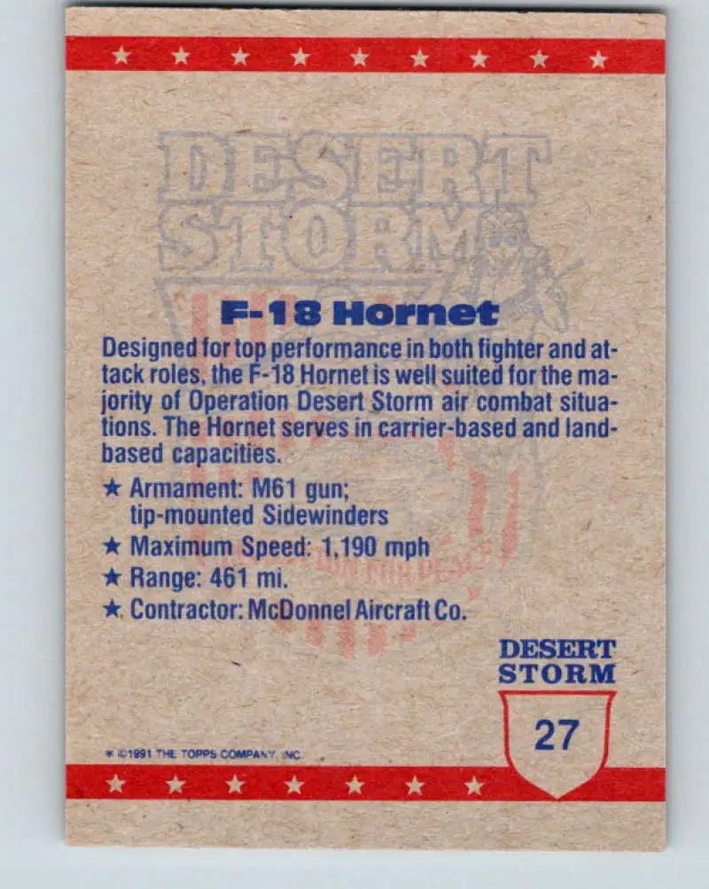 1991 Topps Desert Storm #27A Flying High - The F-18 Stock Image Ãâ Regular Error or Misprint May Ship NonSport Tradin