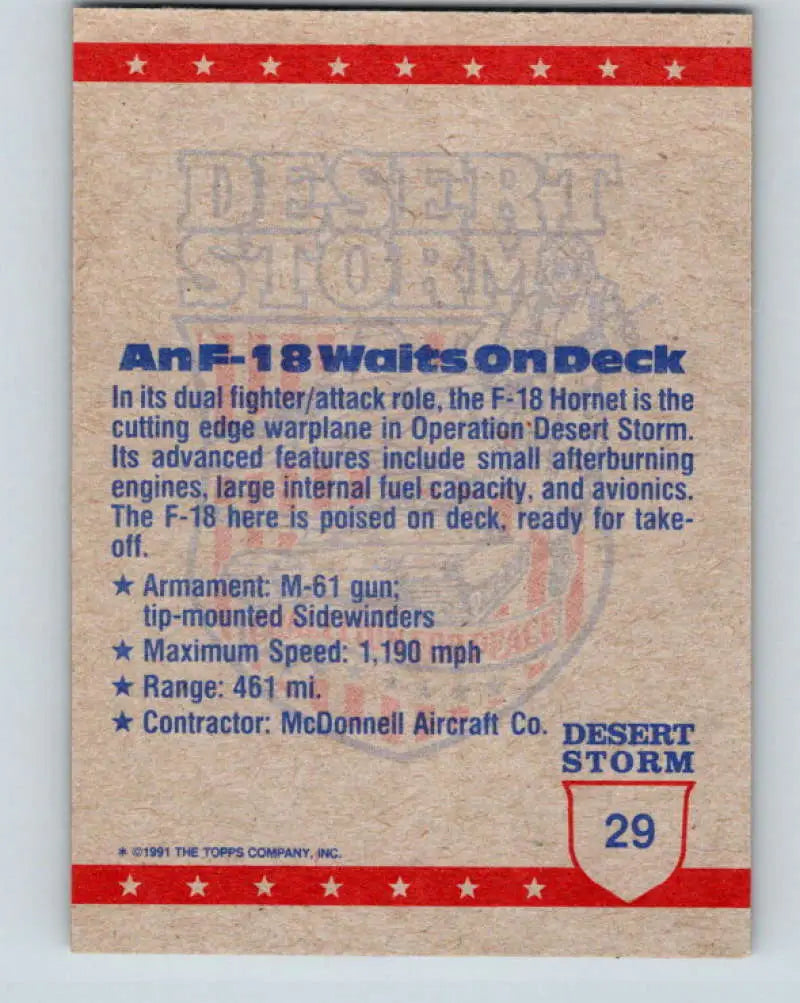 1991 Topps Desert Storm #29A An F-18 Waits To Fly Stock Image Ãâ Regular Error or Misprint May Ship NonSport Trading