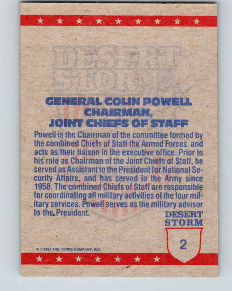 1991 Topps Desert Storm #2A Colin Powell Stock Image Ãâ Regular Error or Misprint May Ship NonSport Trading Card