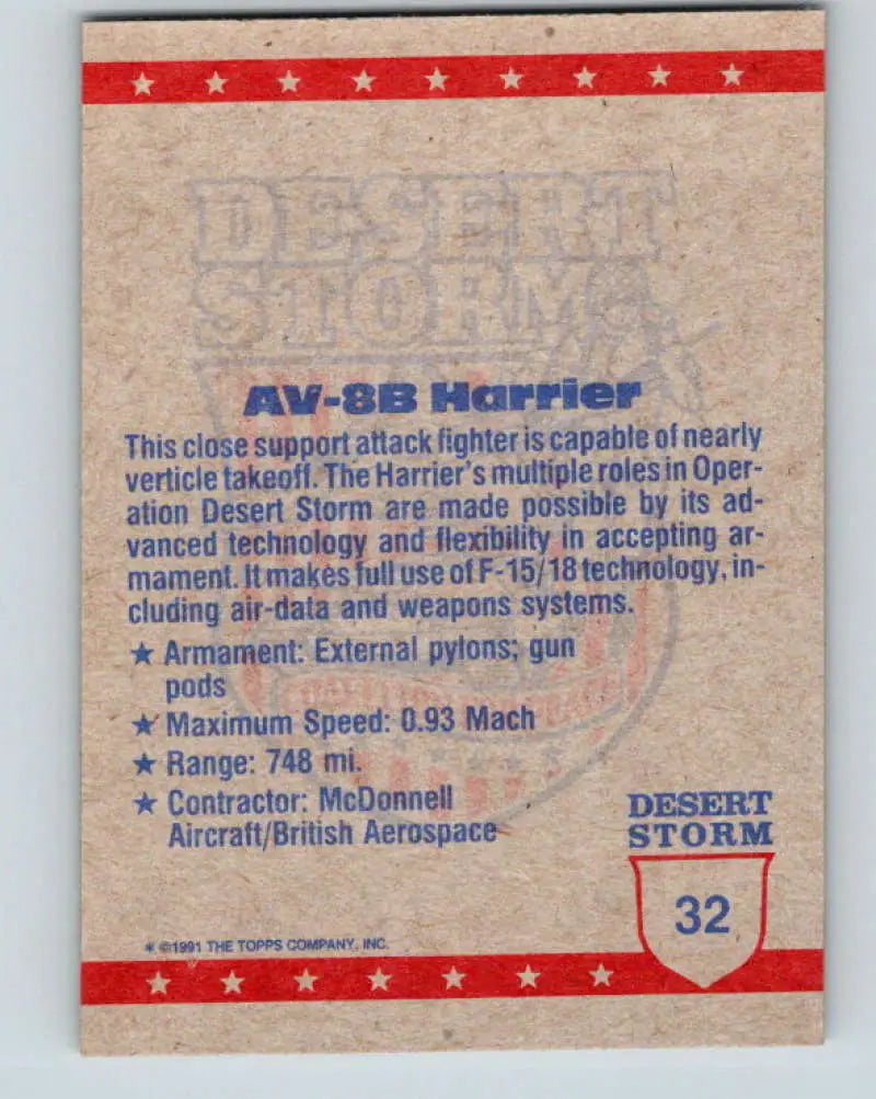1991 Topps Desert Storm #32A The Amazing AV-8B Harrier Stock Image Ãâ Regular Error or Misprint May Ship NonSport Tra