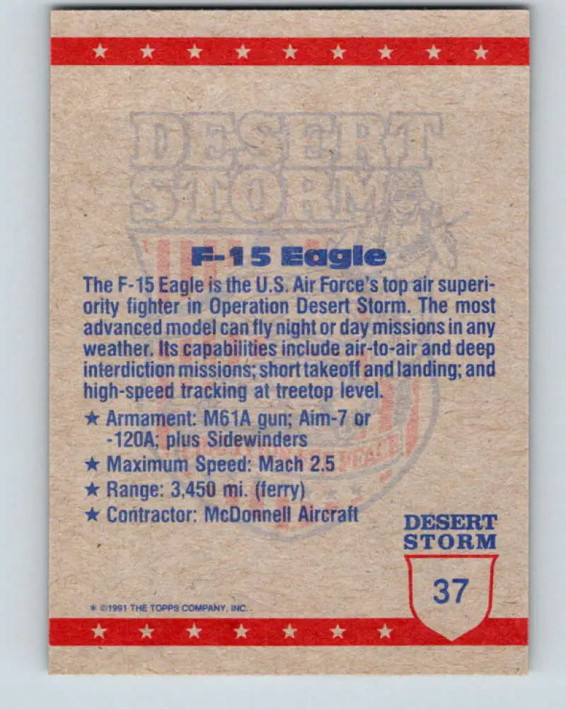 1991 Topps Desert Storm #37A F-15 Fighter Plane Stock Image Ãâ Regular Error or Misprint May Ship NonSport Trading Ca