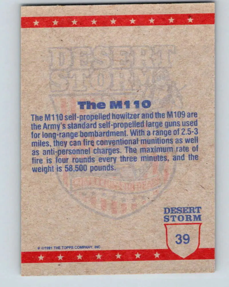 1991 Topps Desert Storm #39A Manning the M-110 Stock Image Ãâ Regular Error or Misprint May Ship NonSport Trading Car