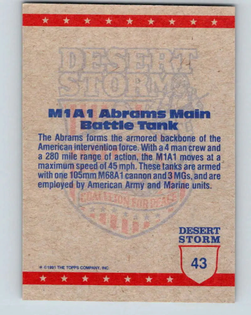 1991 Topps Desert Storm #43A M-1 Abrams Stock Image Ãâ Regular Error or Misprint May Ship NonSport Trading Card