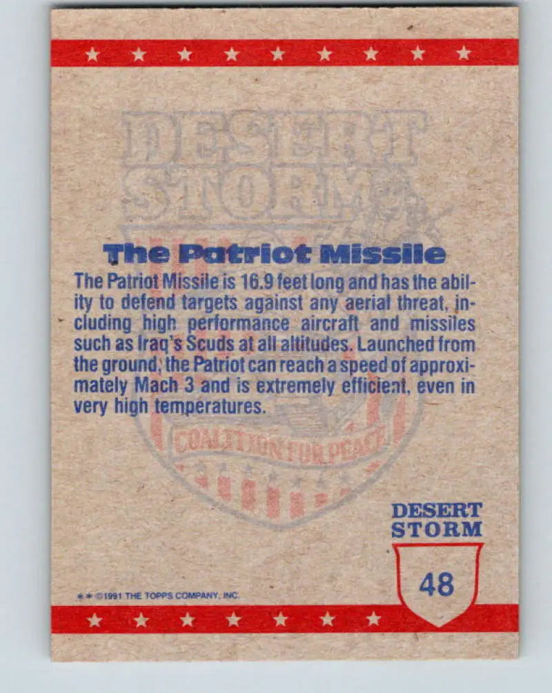 1991 Topps Desert Storm #48A The Patriot Missile Stock Image Ãâ Regular Error or Misprint May Ship NonSport Trading C