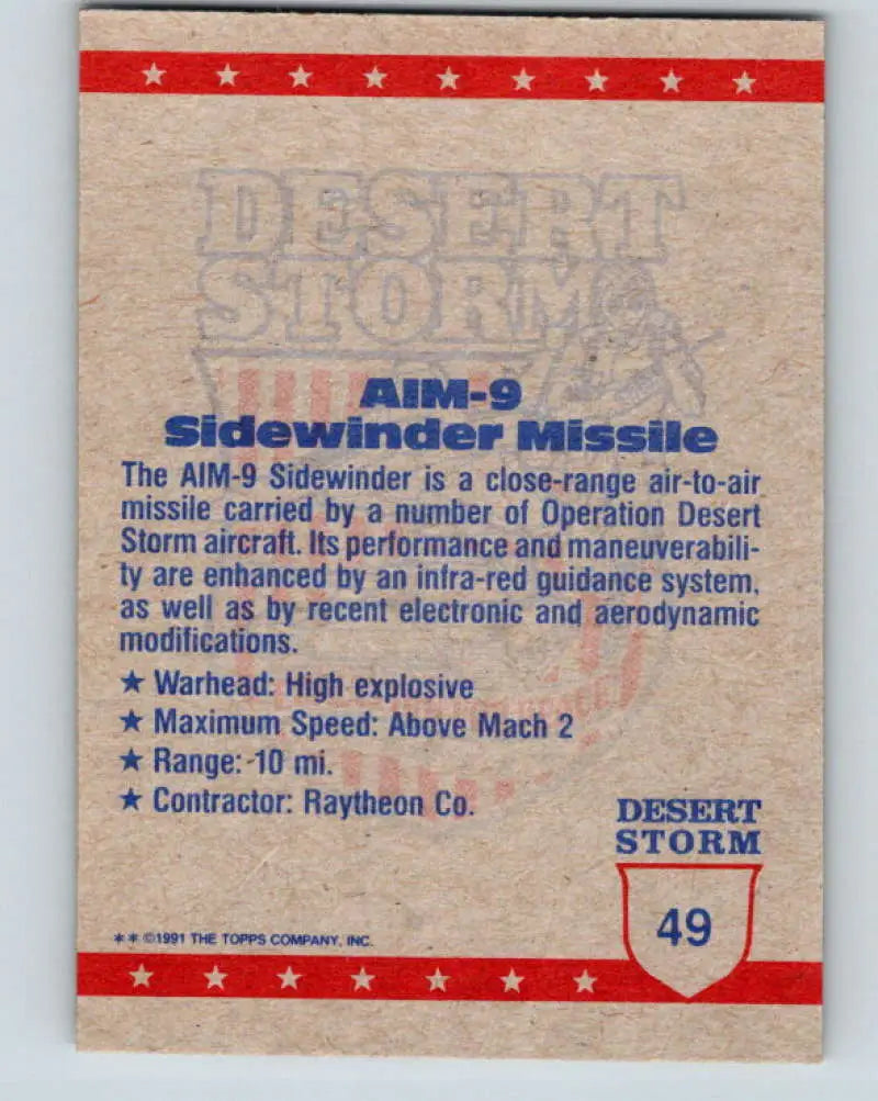 1991 Topps Desert Storm #49A The Sidewinder Missile Stock Image Ãâ Regular Error or Misprint May Ship NonSport Tradin