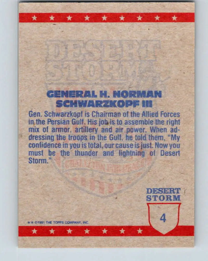 1991 Topps Desert Storm #4A General H. Norman Schwarzkopf Stock Image Ãâ Regular Error or Misprint May Ship NonSport