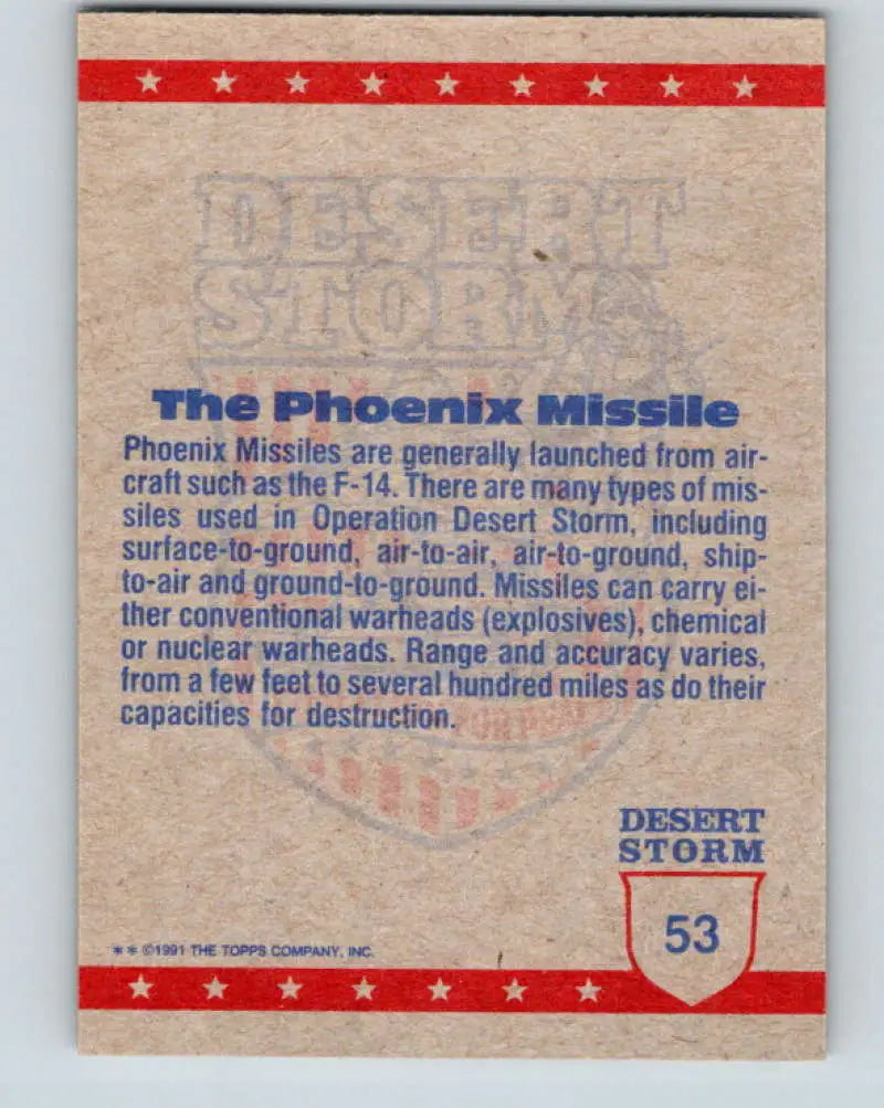 1991 Topps Desert Storm #53A Phoenix Missile Stock Image Ãâ Regular Error or Misprint May Ship NonSport Trading Card