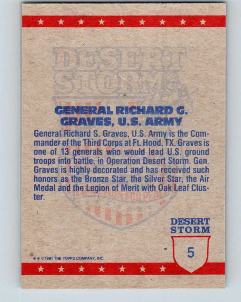 1991 Topps Desert Storm #5A General Richard G. Graves Stock Image Ãâ Regular Error or Misprint May Ship NonSport Trad