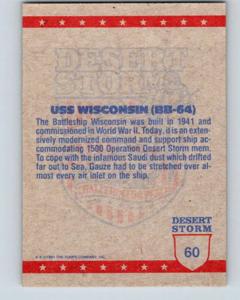 1991 Topps Desert Storm #60A USS Wisconsin Stock Image Ãâ Regular Error or Misprint May Ship NonSport Trading Card