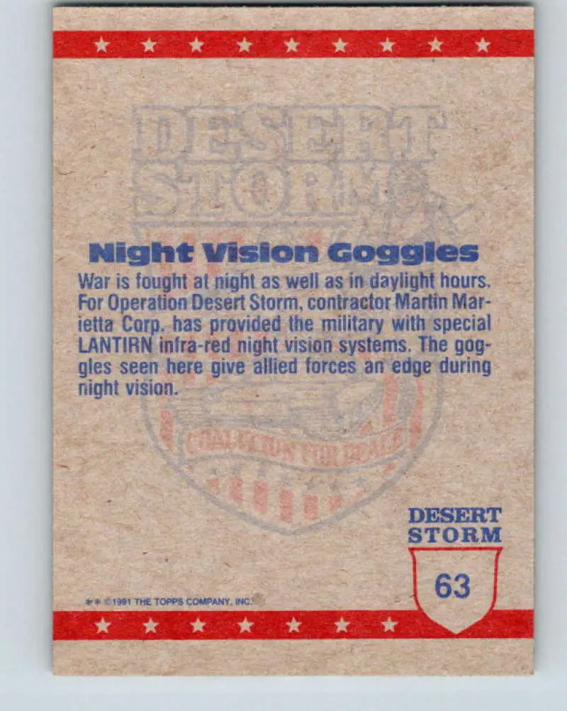 1991 Topps Desert Storm #63A Night Vision Goggles Stock Image Ãâ Regular Error or Misprint May Ship NonSport Trading