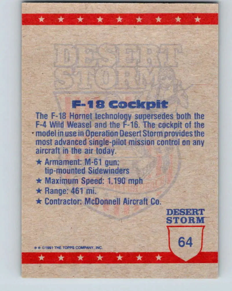 1991 Topps Desert Storm #64A F-18 Cockpit Stock Image Ãâ Regular Error or Misprint May Ship NonSport Trading Card