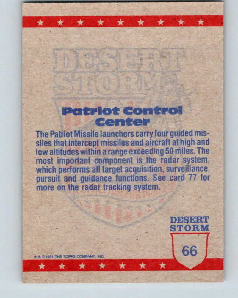 1991 Topps Desert Storm #66A Patriot Control Center Stock Image Ãâ Regular Error or Misprint May Ship NonSport Tradin