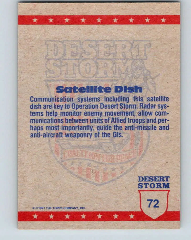 1991 Topps Desert Storm #72A Satellite Dish Stock Image Ãâ Regular Error or Misprint May Ship NonSport Trading Card
