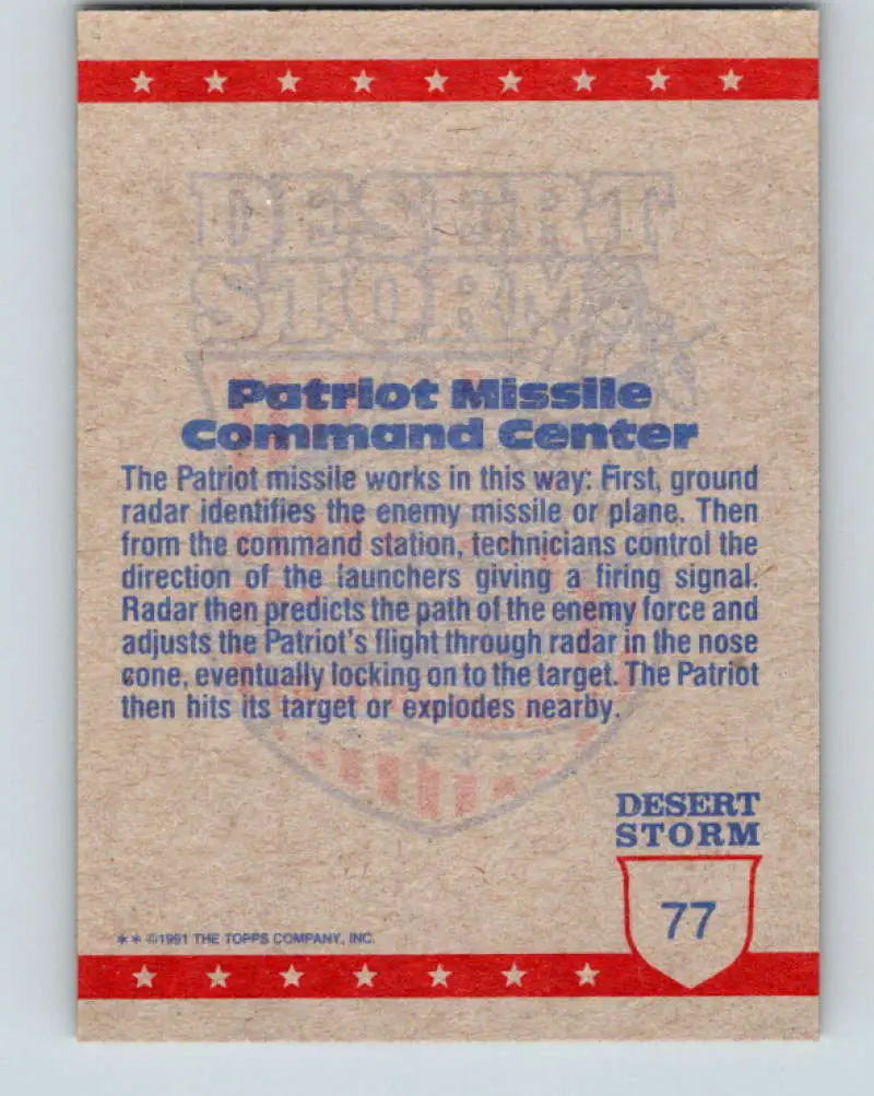1991 Topps Desert Storm #77A Patriot Missile Command Center Stock Image Ãâ Regular Error or Misprint May Ship NonSpor