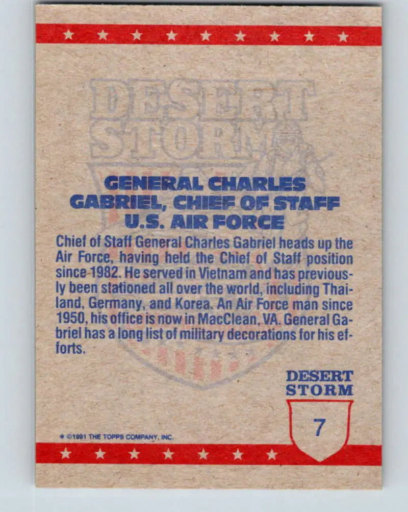 1991 Topps Desert Storm #7A Chief of Staff General Charles Gabriel Stock Image Ãâ Regular Error or Misprint May Ship