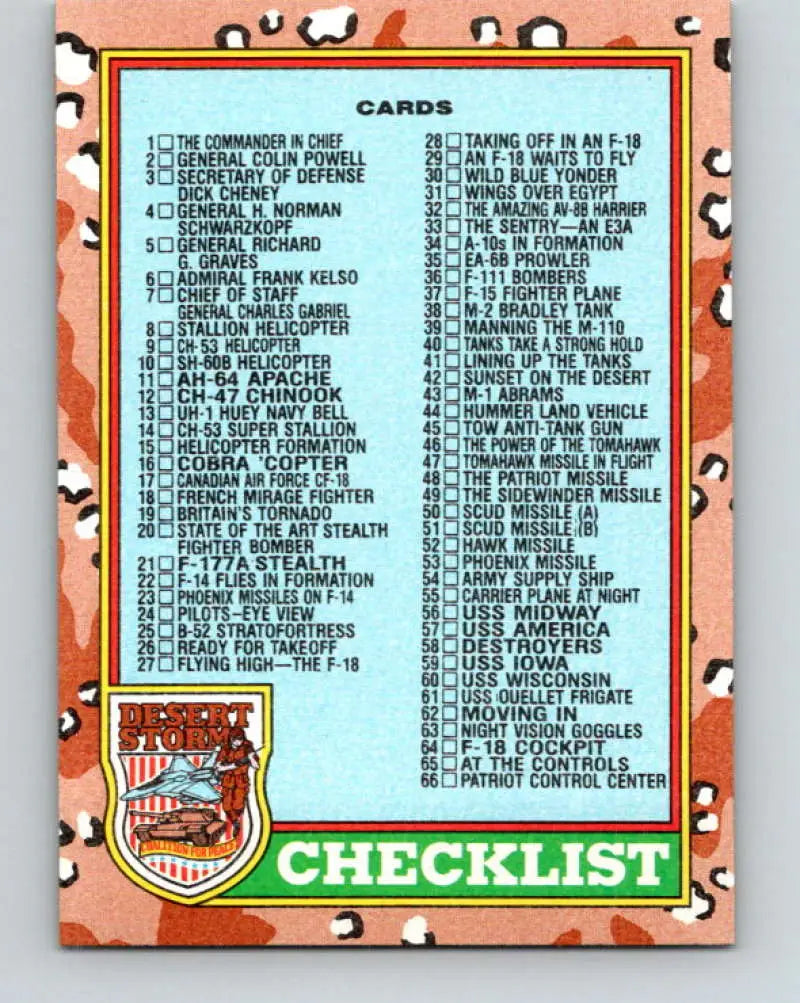 1991 Topps Desert Storm #88A Checklist Stock Image Ãâ Regular Error or Misprint May Ship NonSport Trading Card