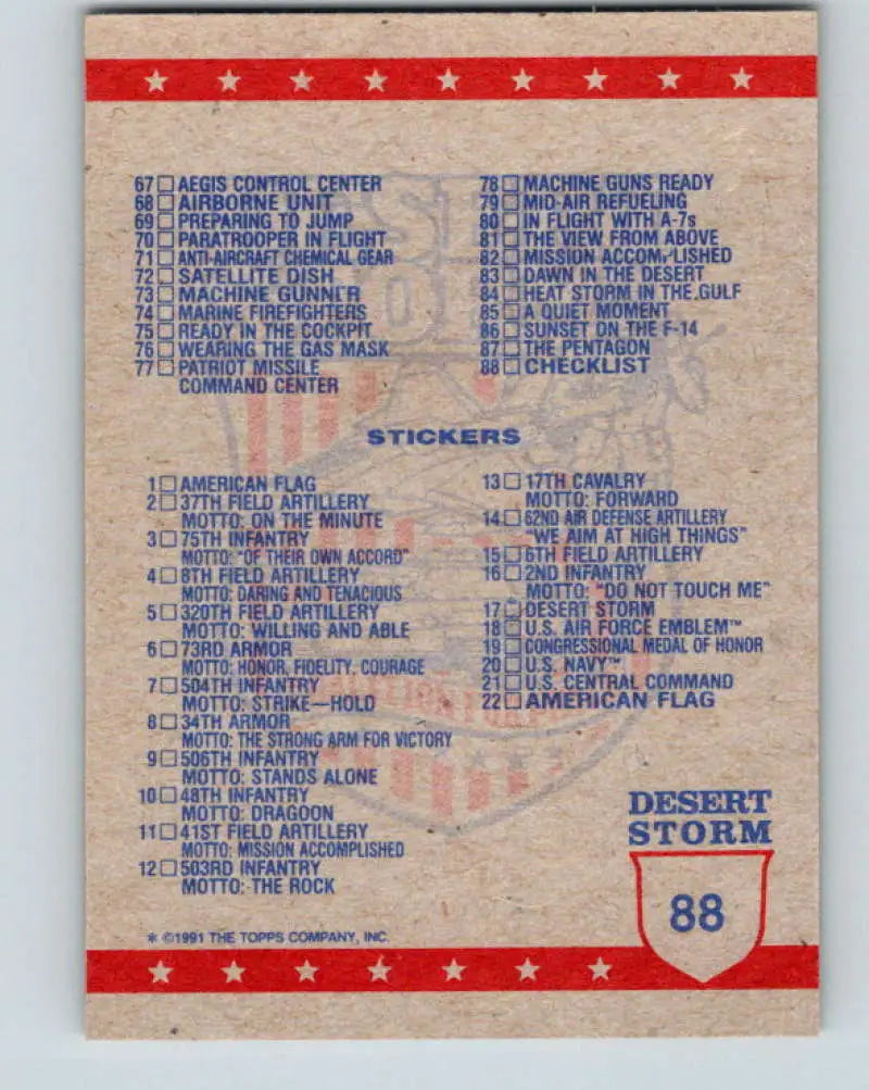 1991 Topps Desert Storm #88A Checklist Stock Image Ãâ Regular Error or Misprint May Ship NonSport Trading Card