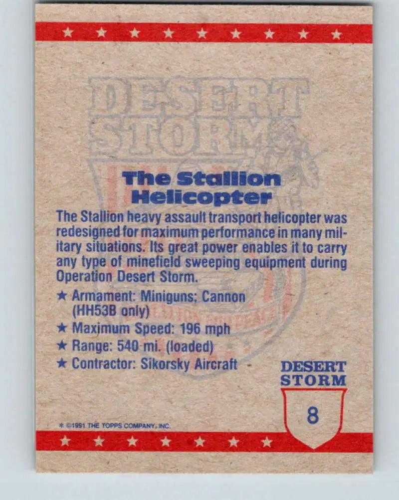 1991 Topps Desert Storm #8A Stallion Helicopter Stock Image Ãâ Regular Error or Misprint May Ship NonSport Trading Ca