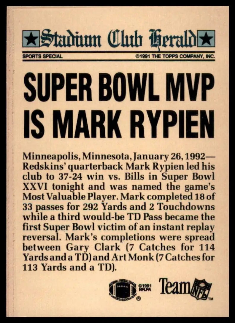 1991 Topps Stadium Club Members Only Mark Rypien Washington Redskins Football - Football Card Single