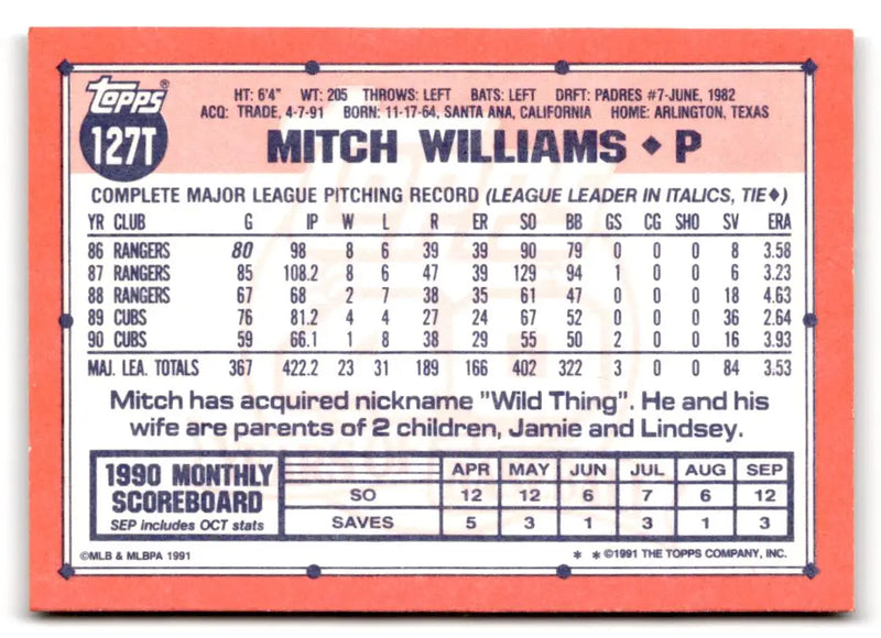 1991 Topps Traded #127T Mitch Williams - Baseball Card Single