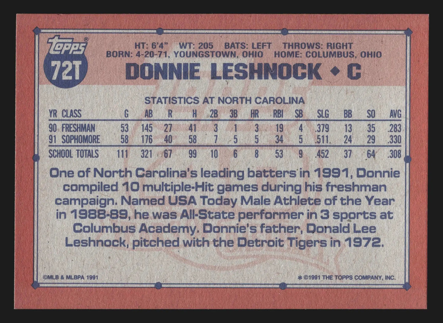 1991 Topps Traded Donnie Leshnock #72T Team USA - Baseball Card Single