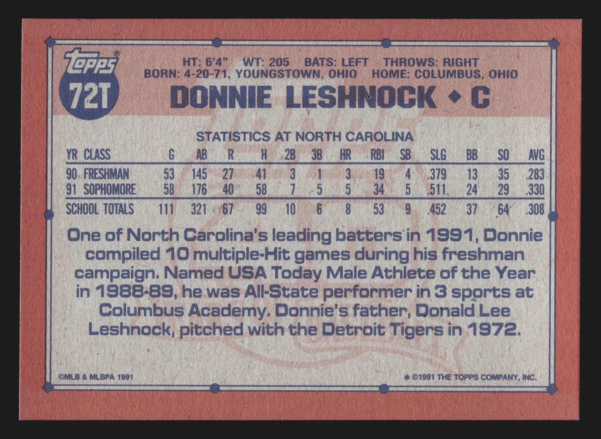 1991 Topps Traded Donnie Leshnock #72T Team USA - Baseball Card Single