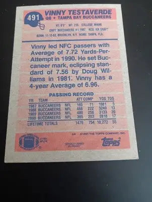 1991 Topps - Vinny Testaverde #491. Tampa Bay Buccaneers. NRMT+ - Football Card Single