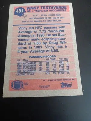 1991 Topps - Vinny Testaverde #491. Tampa Bay Buccaneers. NRMT+ - Football Card Single
