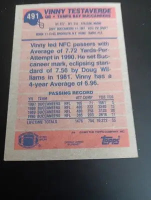 1991 Topps - Vinny Testaverde #491. Tampa Bay Buccaneers. NRMT+ - Football Card Single