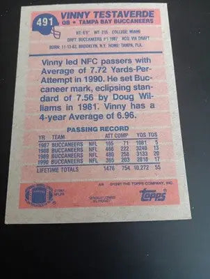 1991 Topps - Vinny Testaverde #491. Tampa Bay Buccaneers. NRMT+ - Football Card Single