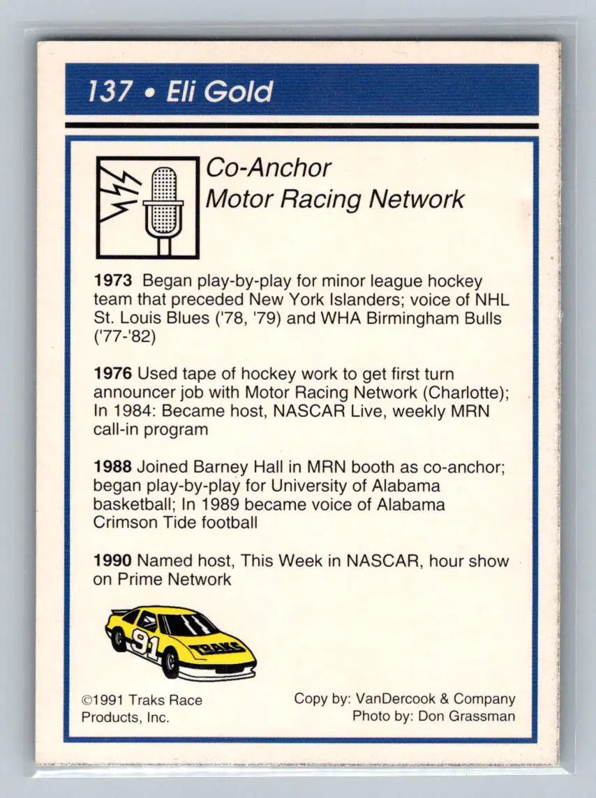 1991 Traks #137b Eli Gold - Racing Card Single
