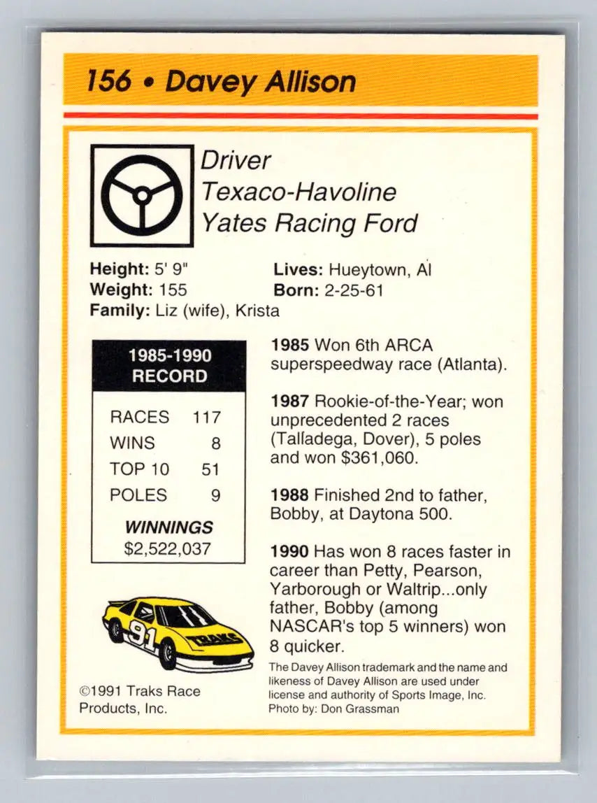 1991 Traks #156 Davey Allison Robert Yates Racing - Racing Card Single